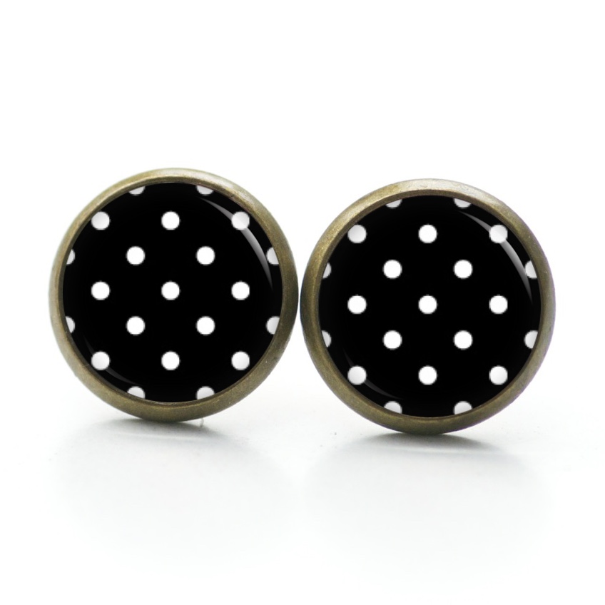Druckknopf Ohrstecker Ohrhänger Clipse schwarz mit weißen Tupfen Punkten Polka Dots Druckknopf Ohrstecker Ohrhänger Clipse schwarz mit weißen Tupfen Punkten Polka Dots