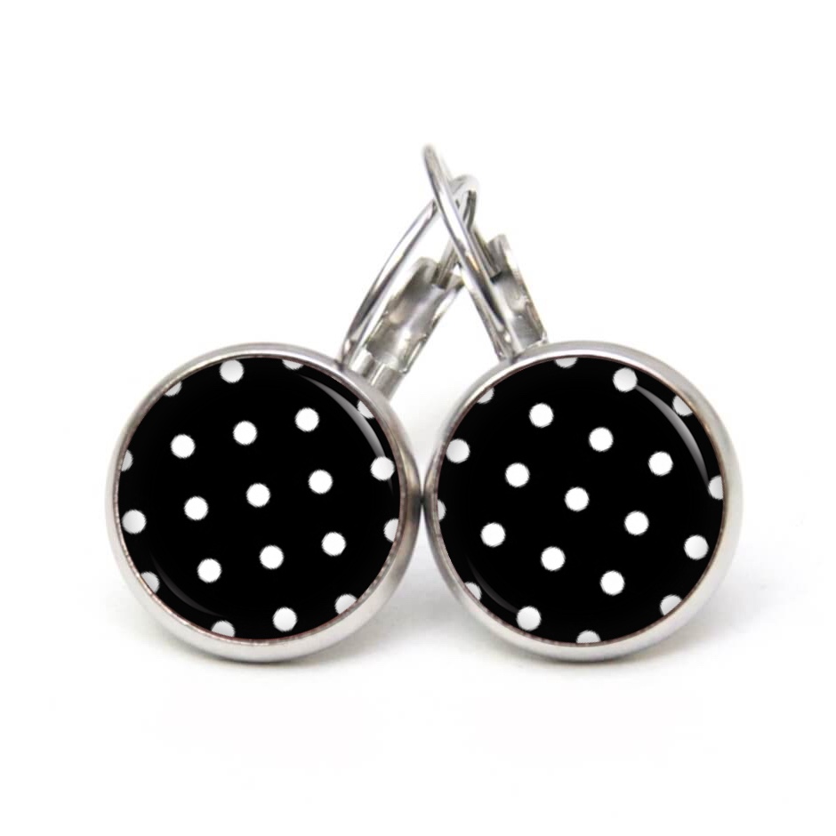Druckknopf Ohrstecker Ohrhänger Clipse schwarz mit weißen Tupfen Punkten Polka Dots Druckknopf Ohrstecker Ohrhänger Clipse schwarz mit weißen Tupfen Punkten Polka Dots
