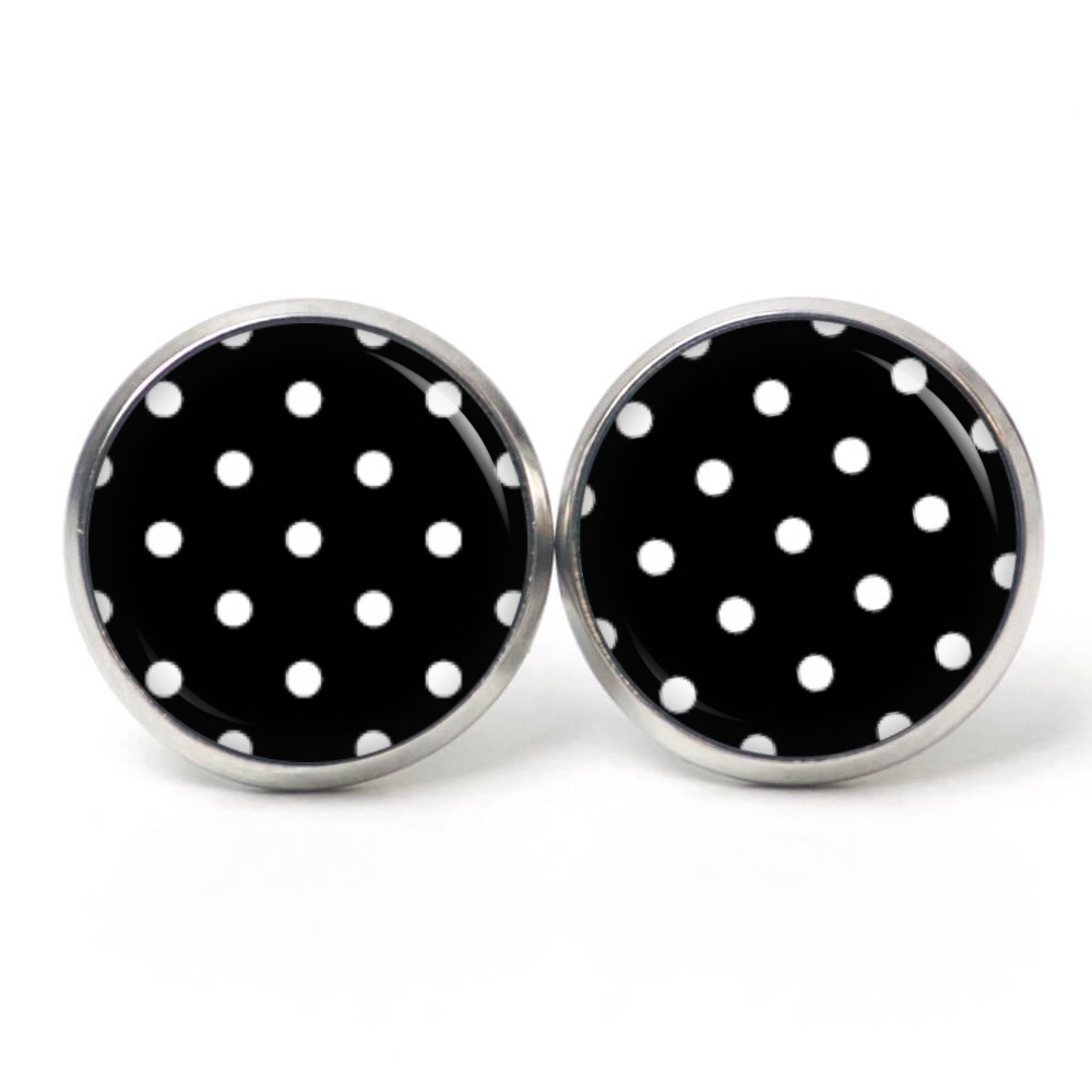 Druckknopf Ohrstecker Ohrhänger Clipse schwarz mit weißen Tupfen Punkten Polka Dots Druckknopf Ohrstecker Ohrhänger Clipse schwarz mit weißen Tupfen Punkten Polka Dots
