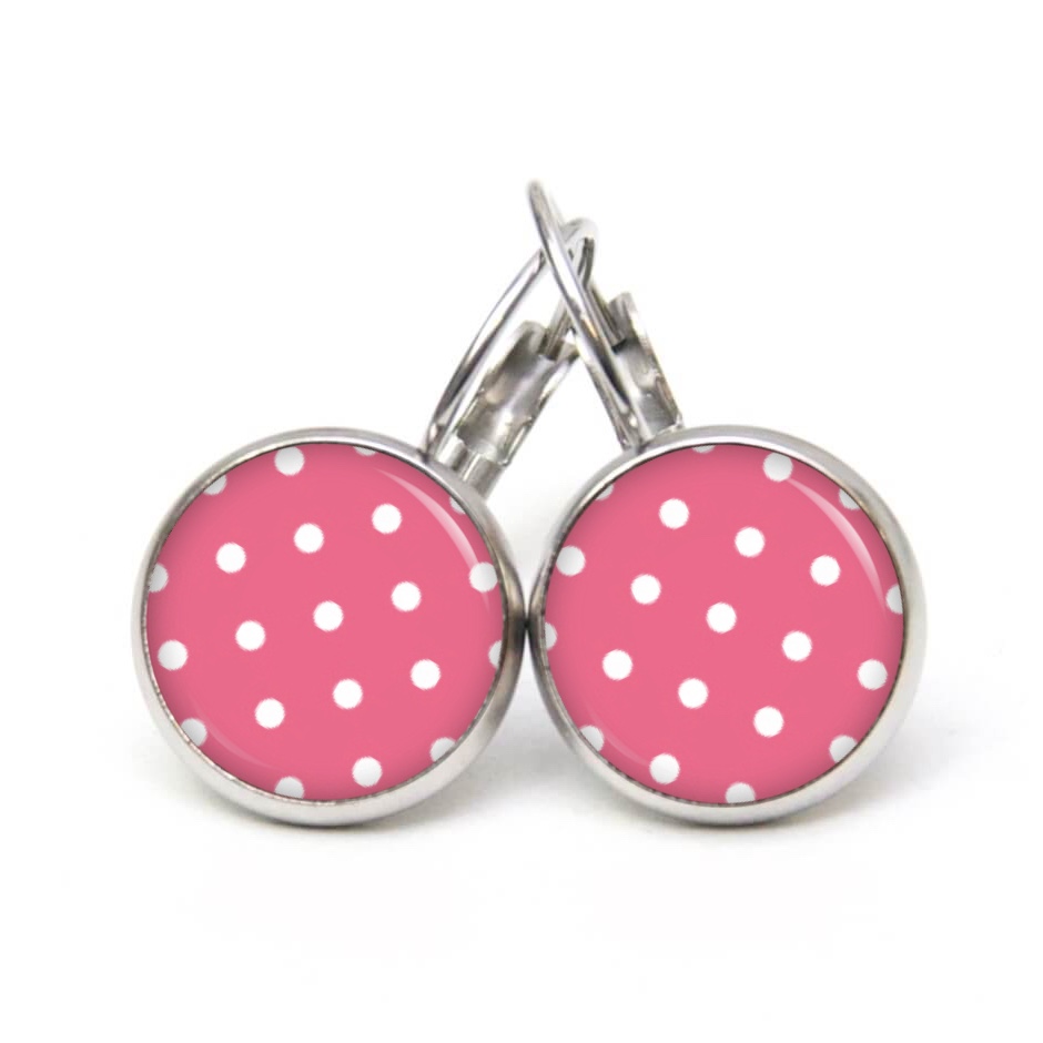 Druckknopf Ohrstecker Ohrhänger Clipse rosarot mit weißen Tupfen Punkten Polka Dots Druckknopf Ohrstecker Ohrhänger Clipse rosarot mit weißen Tupfen Punkten Polka Dots