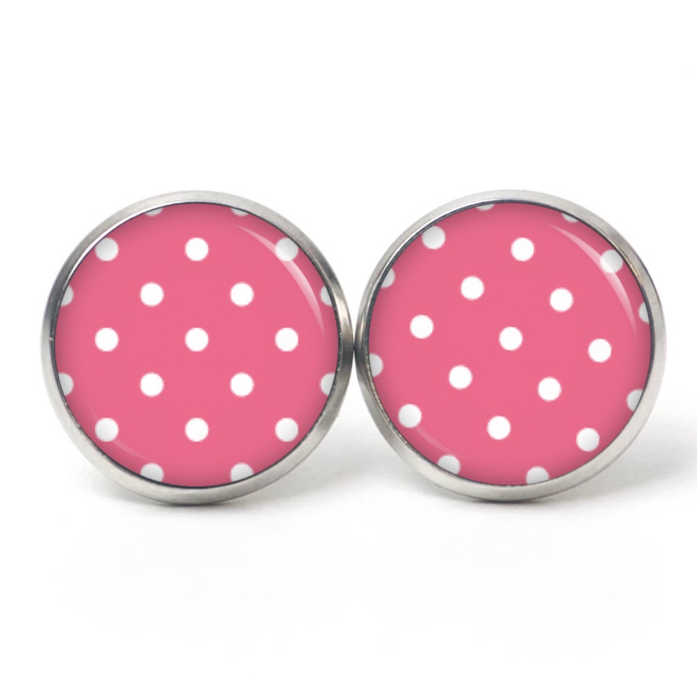 Druckknopf Ohrstecker Ohrhänger Clipse rosarot mit weißen Tupfen Punkten Polka Dots Druckknopf Ohrstecker Ohrhänger Clipse rosarot mit weißen Tupfen Punkten Polka Dots