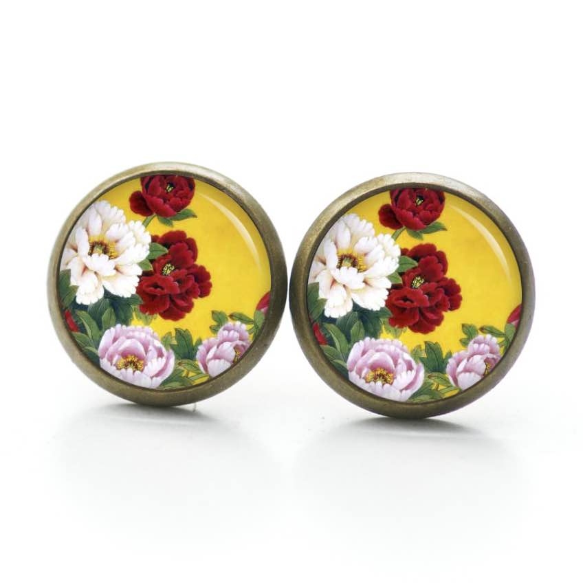 Ohrstecker, Ohrhänger, Clipse & Druckknopf – Motiv In gelb mit bunte Rosen – Schmuck aus Edelstahl Ohrstecker, Ohrhänger, Clipse & Druckknopf – Motiv In gelb mit bunte Rosen – Schmuck aus Edelstahl