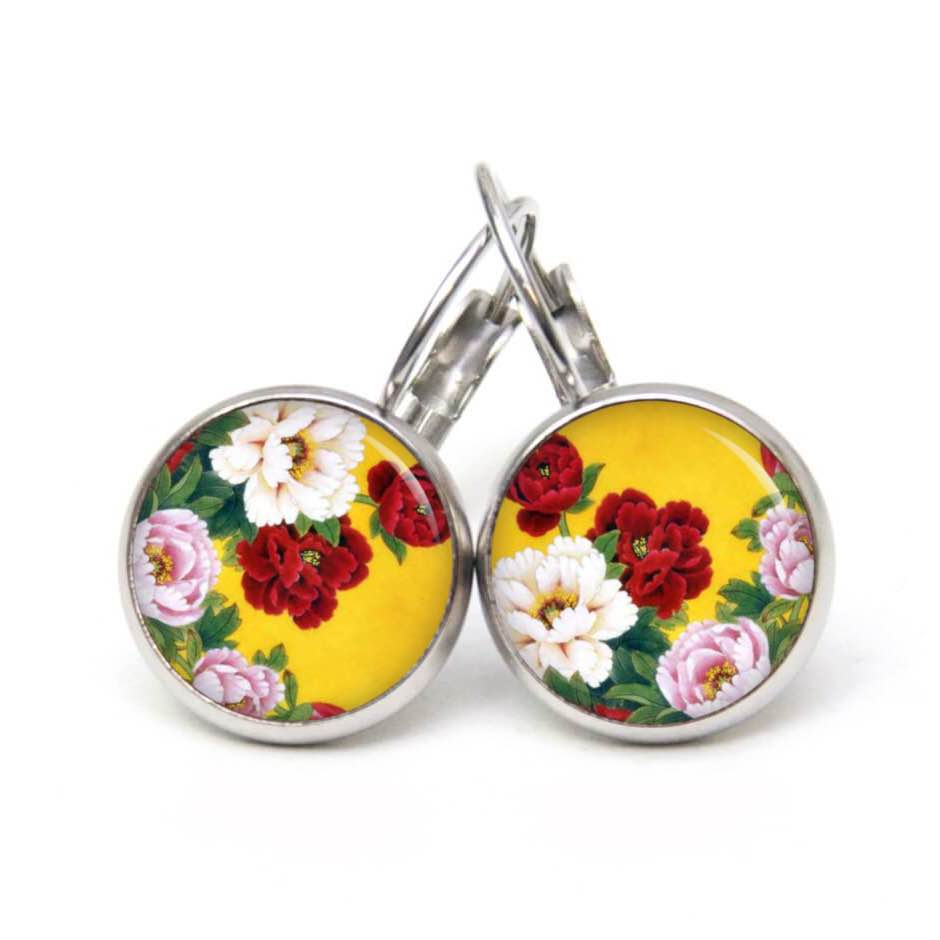Ohrstecker, Ohrhänger, Clipse & Druckknopf – Motiv In gelb mit bunte Rosen – Schmuck aus Edelstahl Ohrstecker, Ohrhänger, Clipse & Druckknopf – Motiv In gelb mit bunte Rosen – Schmuck aus Edelstahl