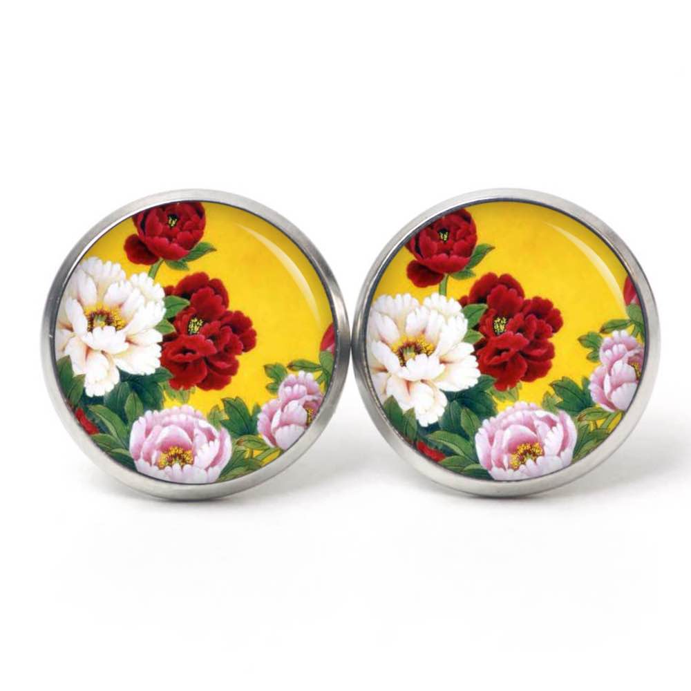 Ohrstecker, Ohrhänger, Clipse & Druckknopf – Motiv In gelb mit bunte Rosen – Schmuck aus Edelstahl Ohrstecker, Ohrhänger, Clipse & Druckknopf – Motiv In gelb mit bunte Rosen – Schmuck aus Edelstahl