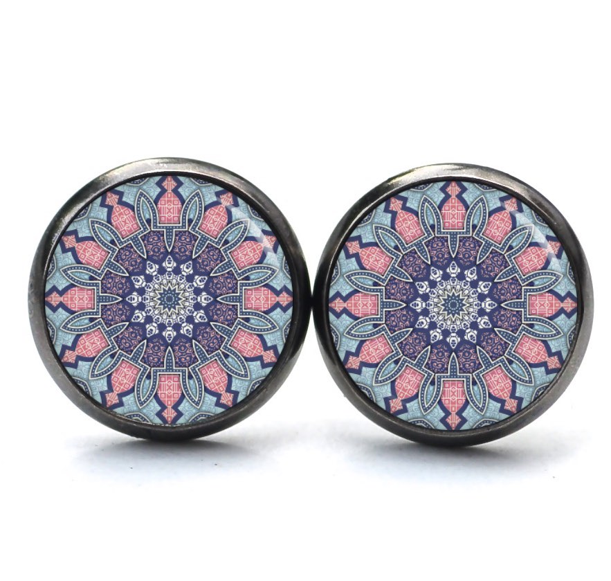 Druckknopf Ohrstecker Ohrhänger Clipse Muster Mandala Mosaik in hellblau und rosa Druckknopf Ohrstecker Ohrhänger Clipse Muster Mandala Mosaik in hellblau und rosa