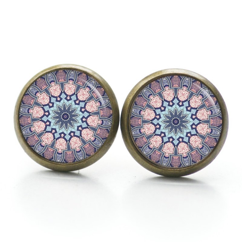 Druckknopf Ohrstecker Ohrhänger Clipse Muster Mandala Mosaik in hellblau, türkis und rosa Druckknopf Ohrstecker Ohrhänger Clipse Muster Mandala Mosaik in hellblau, türkis und rosa