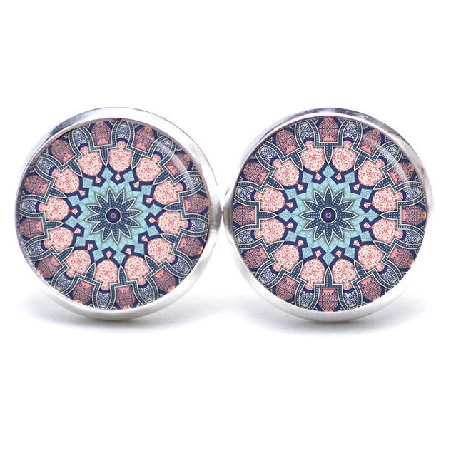 Druckknopf Ohrstecker Ohrhänger Clipse Muster Mandala Mosaik in hellblau, türkis und rosa Druckknopf Ohrstecker Ohrhänger Clipse Muster Mandala Mosaik in hellblau, türkis und rosa