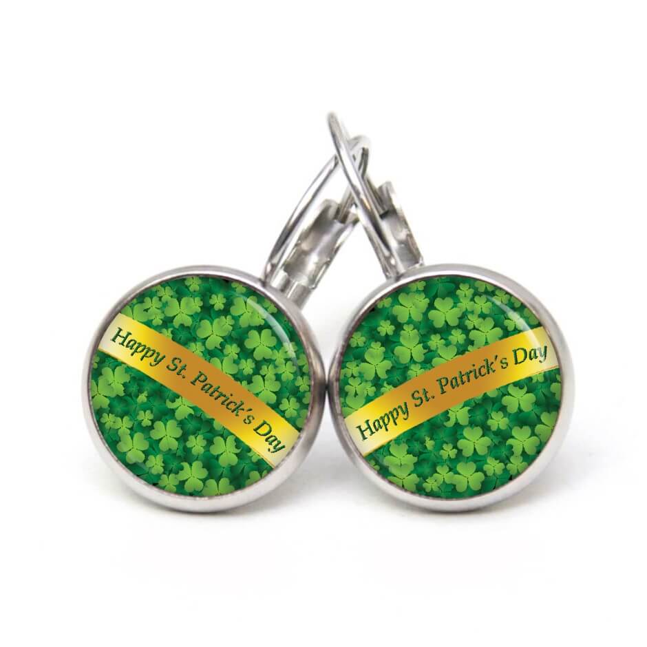Ohrstecker, Ohrhänger, Clipse & Druckknopf – Motiv Kleeblatt grün mit St Patricks Day Schleife – Schmuck aus Edelstahl Ohrstecker, Ohrhänger, Clipse & Druckknopf – Motiv Kleeblatt grün mit St Patricks Day Schleife – Schmuck aus Edelstahl