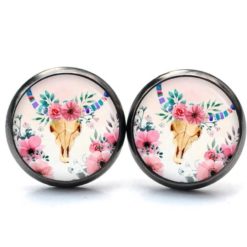 Ohrstecker, Ohrhänger, Clipse & Druckknopf – Motiv skull Stierkopf mit Blumen – Schmuck aus Edelstahl Ohrstecker, Ohrhänger, Clipse & Druckknopf – Motiv skull Stierkopf mit Blumen – Schmuck aus Edelstahl