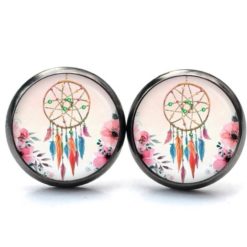 Ohrstecker, Ohrhänger, Clipse & Druckknopf – Motiv zarter Traumfänger in rosa mit Blumen – Schmuck aus Edelstahl Ohrstecker, Ohrhänger, Clipse & Druckknopf – Motiv zarter Traumfänger in rosa mit Blumen – Schmuck aus Edelstahl