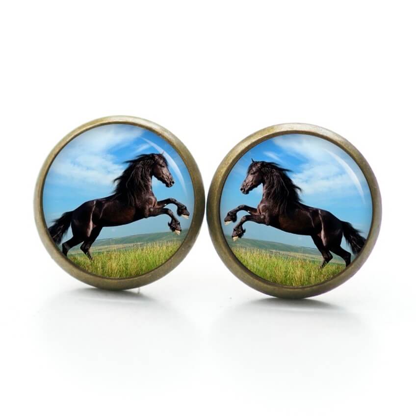 Druckknopf Ohrstecker Ohrhänger springendes schwarzes Pferd Pferde Druckknopf Ohrstecker Ohrhänger springendes schwarzes Pferd Pferde