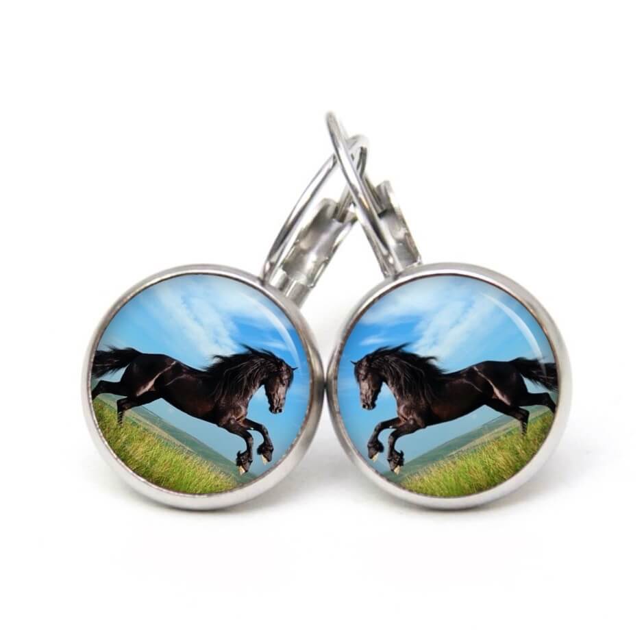 Druckknopf Ohrstecker Ohrhänger springendes schwarzes Pferd Pferde Druckknopf Ohrstecker Ohrhänger springendes schwarzes Pferd Pferde