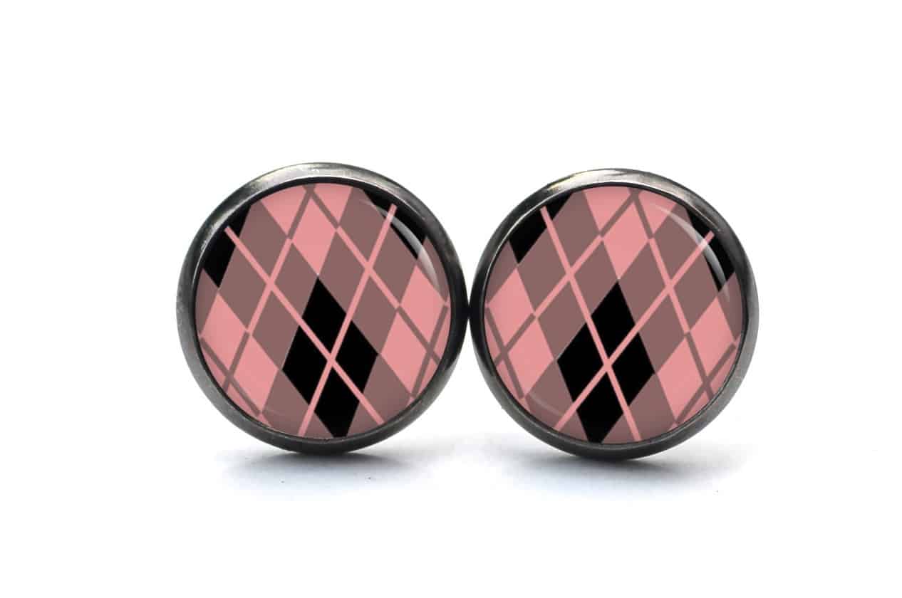 Druckknopf / Ohrstecker / Ohrhänger großes Karo Muster rosa Druckknopf / Ohrstecker / Ohrhänger 60er Jahre Muster Rot Schwarz Weiß