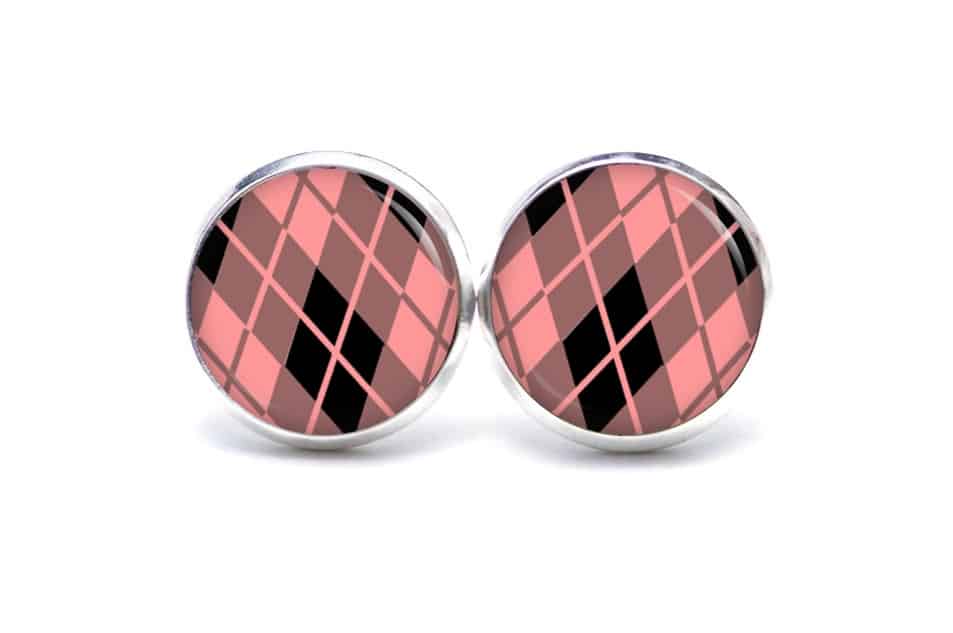 Druckknopf / Ohrstecker / Ohrhänger großes Karo Muster rosa Druckknopf / Ohrstecker / Ohrhänger 60er Jahre Muster Rot Schwarz Weiß