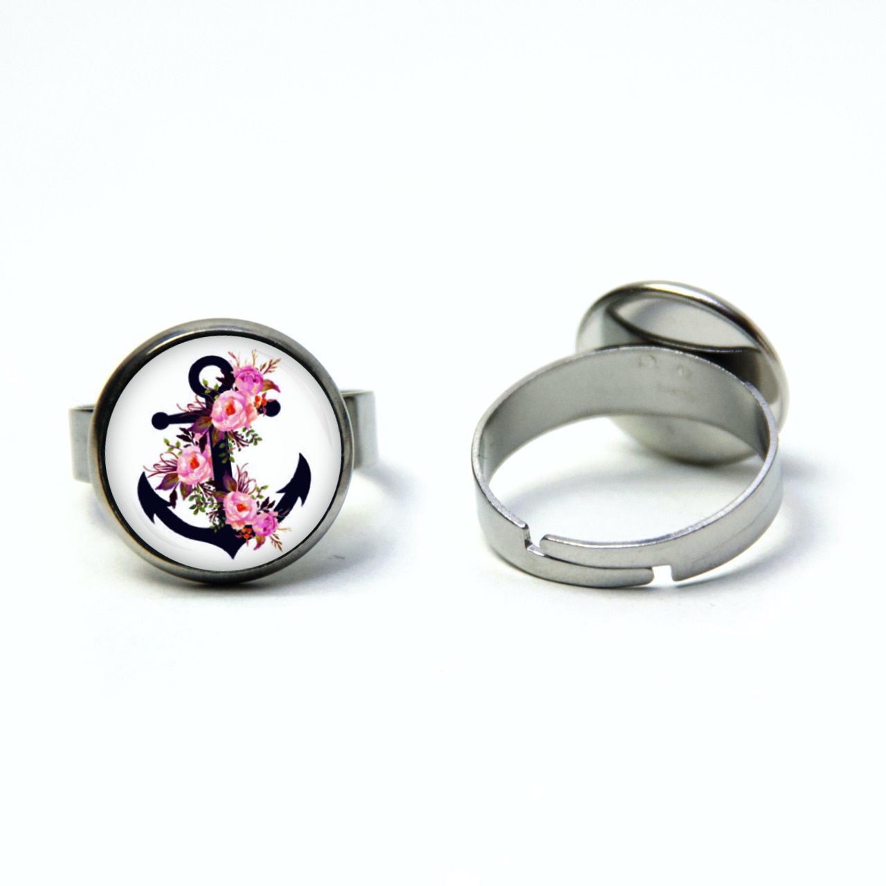 Maritimer Edelstahl Ring blauer Anker mit rosa Rosen – verschiedene Größen Maritimer Edelstahl Ring blauer Anker mit rosa Rosen - verschiedene Größen