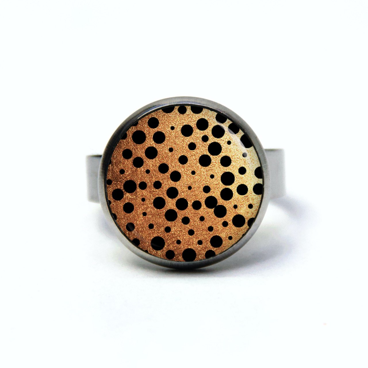 Edelstahl Ring Gold mit schwarzen Punkten Tupfen Polkadots – verschiedene Größen Edelstahl Ring Gold mit schwarzen Punkten Tupfen Polkadots - verschiedene Größen