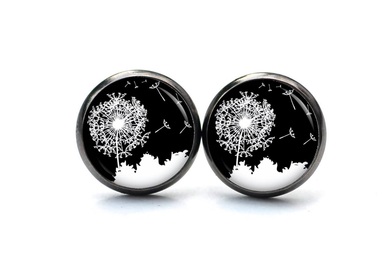 Ohrstecker, Ohrhänger, Clipse & Druckknopf – Motiv große Pusteblume schwarz weiß – Schmuck aus Edelstahl Ohrstecker, Ohrhänger, Clipse & Druckknopf – Motiv große Pusteblume schwarz weiß – Schmuck aus Edelstahl
