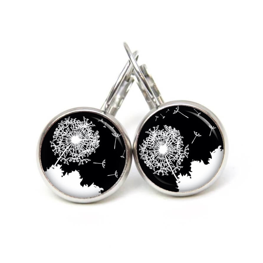Ohrstecker, Ohrhänger, Clipse & Druckknopf – Motiv große Pusteblume schwarz weiß – Schmuck aus Edelstahl Ohrstecker, Ohrhänger, Clipse & Druckknopf – Motiv große Pusteblume schwarz weiß – Schmuck aus Edelstahl