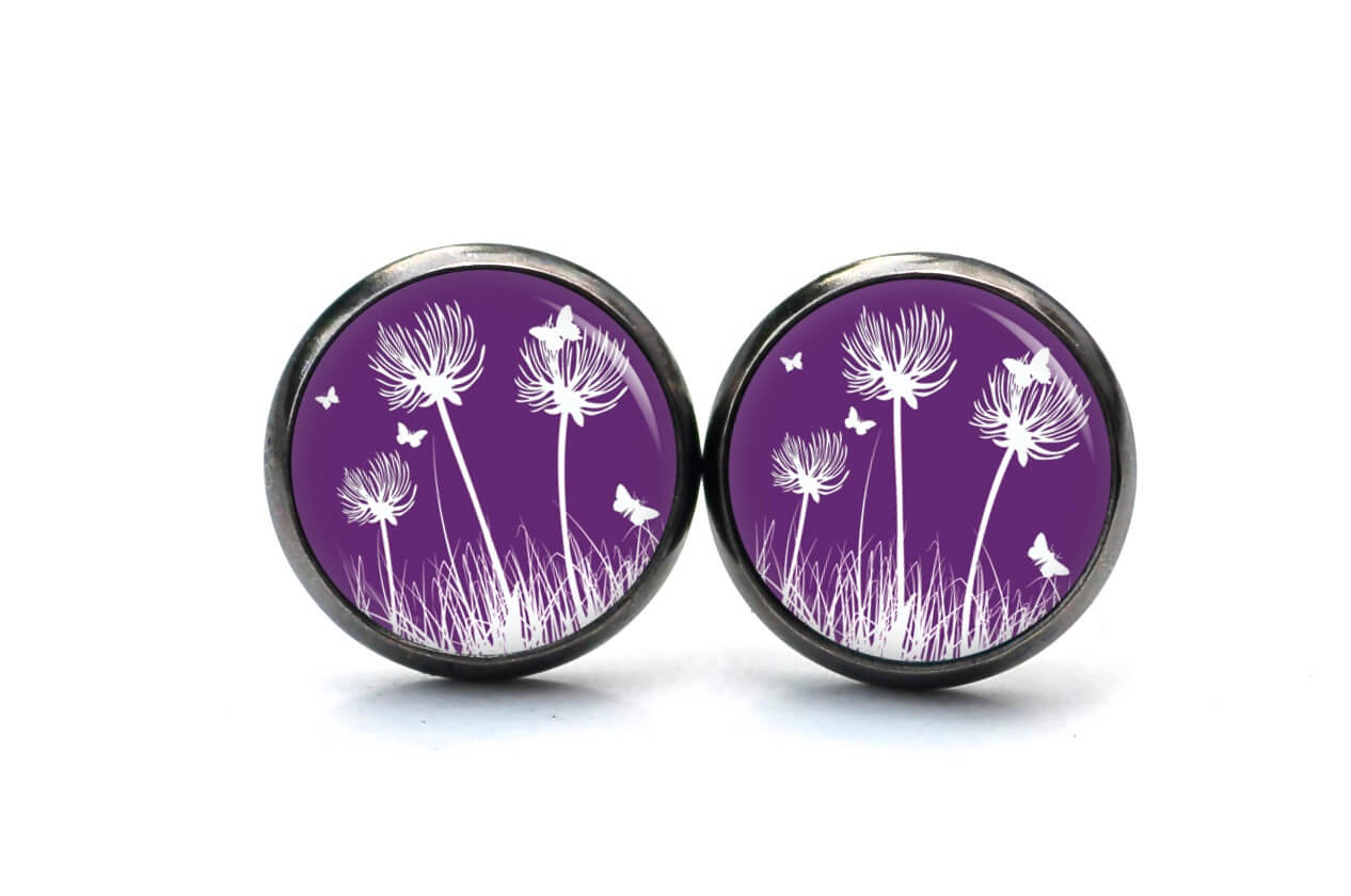 Ohrstecker, Ohrhänger, Clipse & Druckknopf – Motiv Pusteblume violett – Schmuck aus Edelstahl Ohrstecker, Ohrhänger, Clipse & Druckknopf – Motiv Pusteblume violett – Schmuck aus Edelstahl