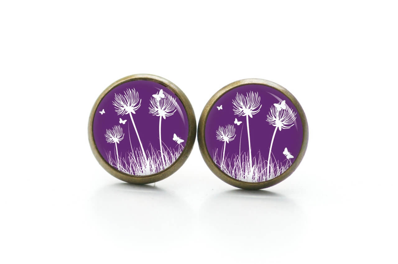 Ohrstecker, Ohrhänger, Clipse & Druckknopf – Motiv Pusteblume violett – Schmuck aus Edelstahl Ohrstecker, Ohrhänger, Clipse & Druckknopf – Motiv Pusteblume violett – Schmuck aus Edelstahl