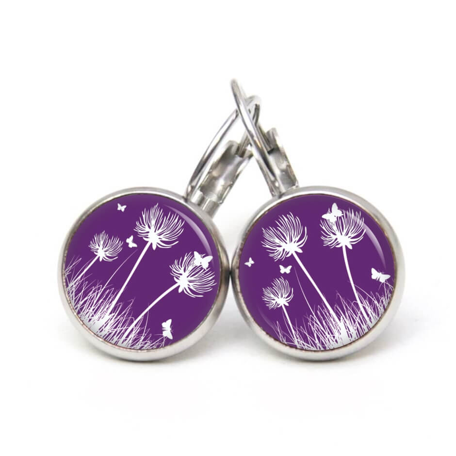 Ohrstecker, Ohrhänger, Clipse & Druckknopf – Motiv Pusteblume violett – Schmuck aus Edelstahl Ohrstecker, Ohrhänger, Clipse & Druckknopf – Motiv Pusteblume violett – Schmuck aus Edelstahl