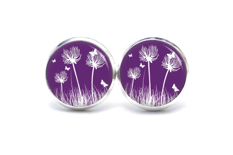 Ohrstecker, Ohrhänger, Clipse & Druckknopf – Motiv Pusteblume violett – Schmuck aus Edelstahl Ohrstecker, Ohrhänger, Clipse & Druckknopf – Motiv Pusteblume violett – Schmuck aus Edelstahl