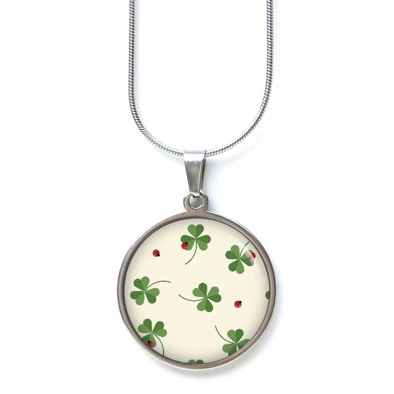 Edelstahl Kette mit Kleeblättern und Marienkäfer – Glücksbringer Edelstahl Kette mit Kleeblättern und Marienkäfer - Glücksbringer
