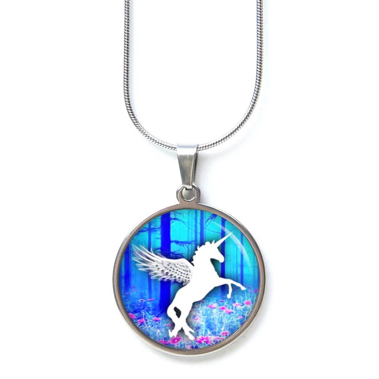 Edelstahl Kette mit einem Einhorn und rosa Blumen Edelstahl Kette mit einem Einhorn und rosa Blumen