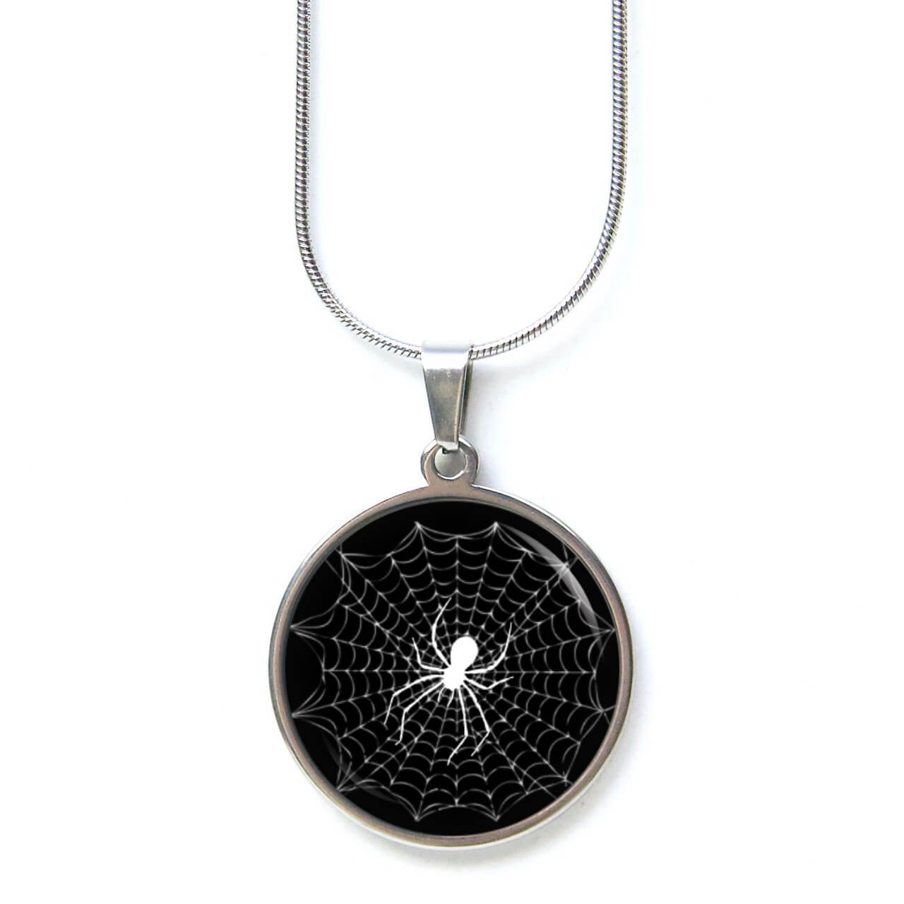 Edelstahl Kette Spinnennetz mit Spinne schwarz weiß Edelstahl Kette Spinnennetz mit Spinne schwarz weiß