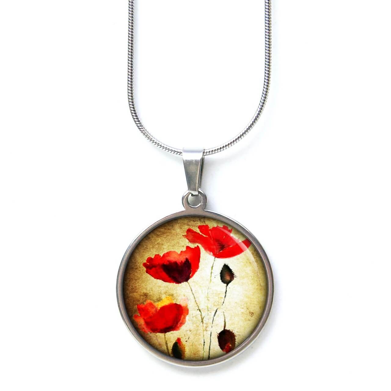 Edelstahl Kette wunderschöne rote Mohnblumen Strauß auf beige Edelstahl Kette wunderschöne rote Mohnblumen Strauß auf beige