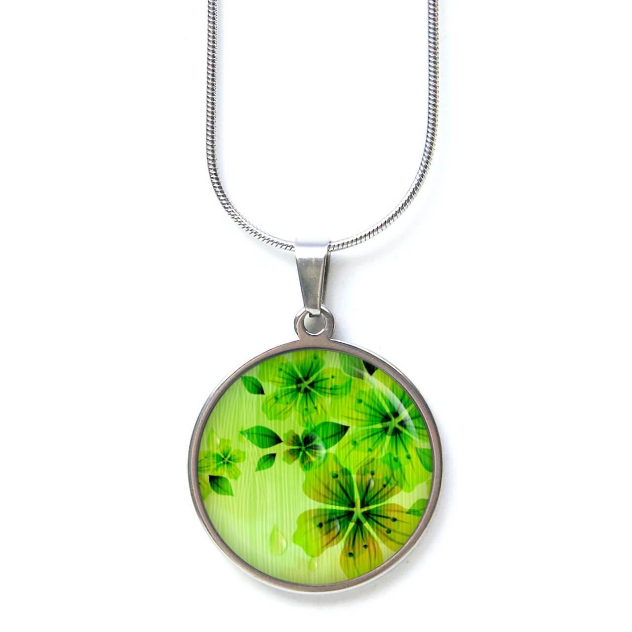 Edelstahl Kette mit kleinen zarte grüne Frühlings Blumen Edelstahl Kette mit kleinen zarte grüne Frühlings Blumen