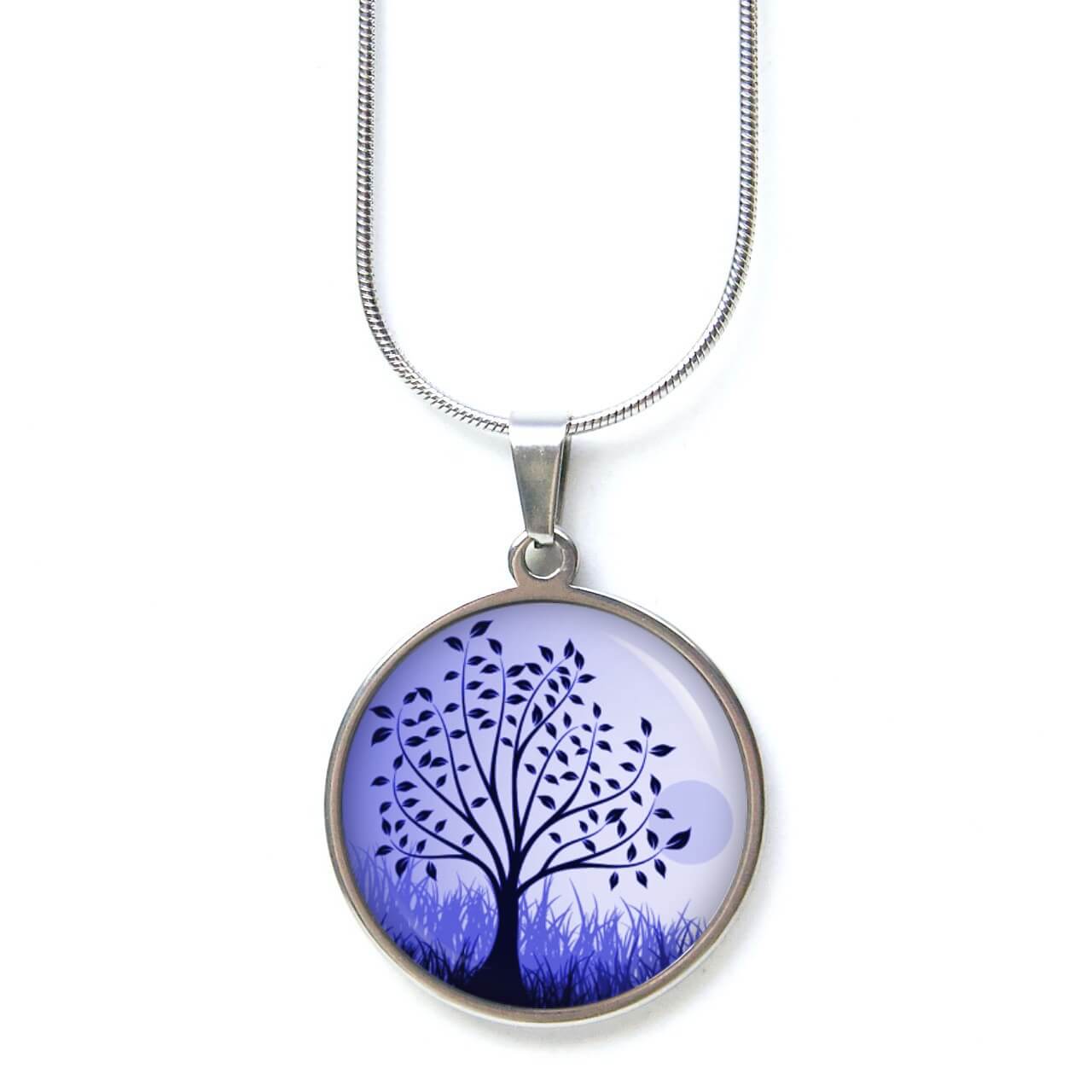 Ohrstecker, Ohrhänger, Clipse & Druckknopf – Motiv Blauvioletter Lebensbaum – Schmuck aus Edelstahl Edelstahl Kette großer Baum auf der Wiese in Blauviolett