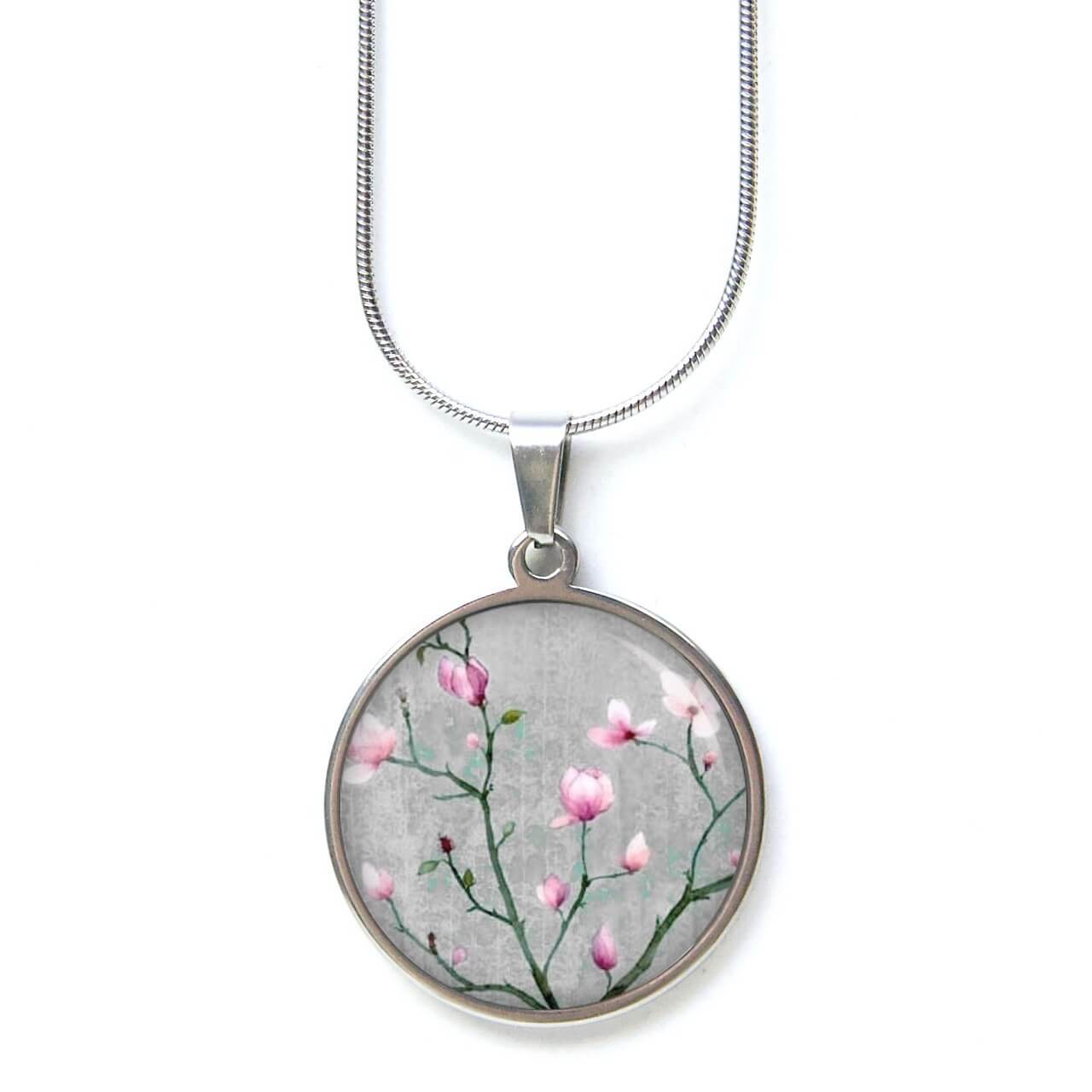 Edelstahl Kette zauberhafte Kirschblüten in grau und rosa Edelstahl Kette zauberhafte Kirschblüten in grau und rosa
