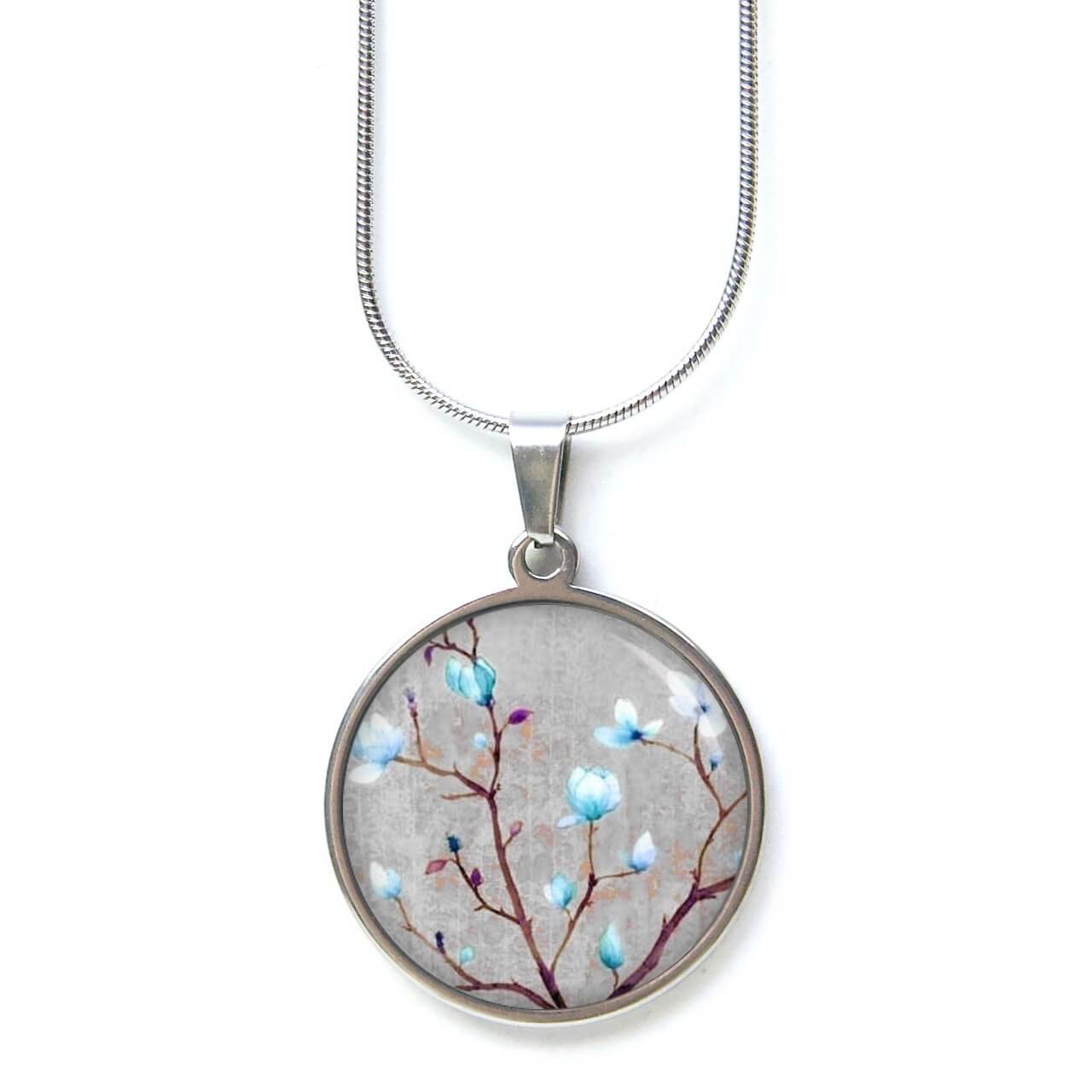 Edelstahl Kette zauberhafte Kirschblüten in grau und hellblau Edelstahl Kette zauberhafte Kirschblüten in grau und hellblau