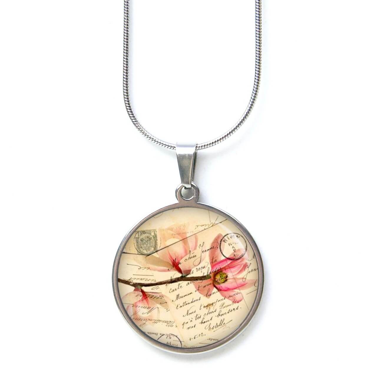 Edelstahl Kette zauberhafte Kirschblüten mit einer Postkarte Edelstahl Kette zauberhafte Kirschblüten mit einer Postkarte