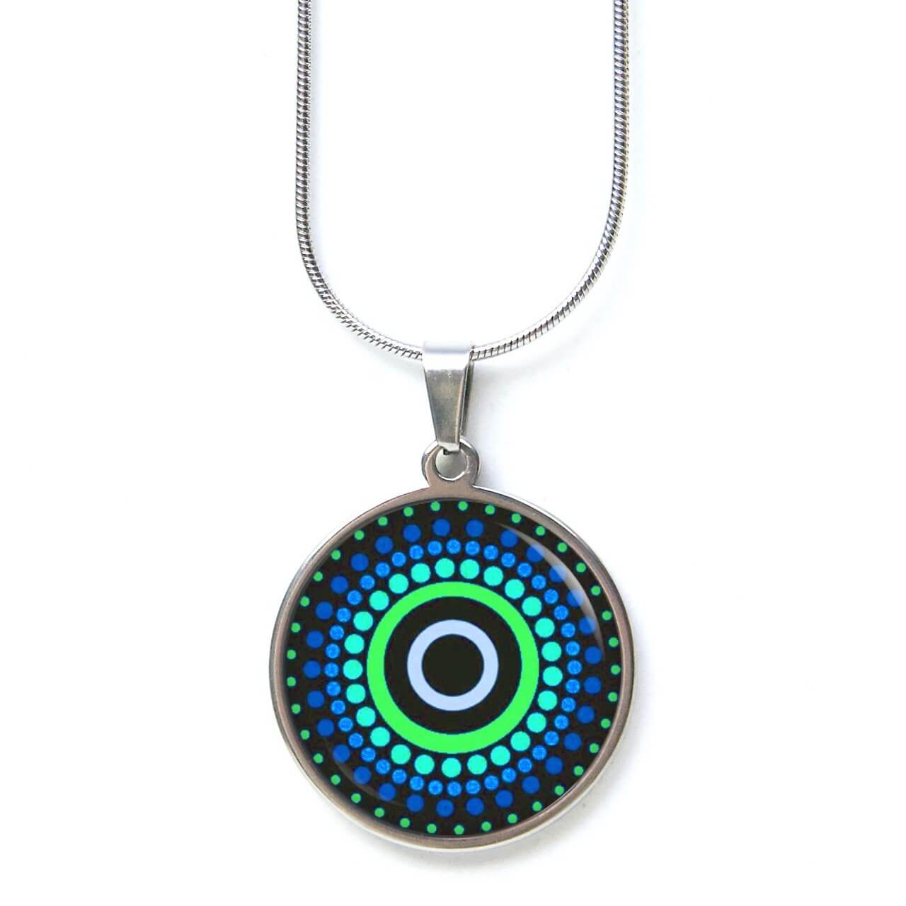 Edelstahl Kette blau grün gemustert Punkte Mandala Edelstahl Kette blau grün gemustert Punkte Mandala