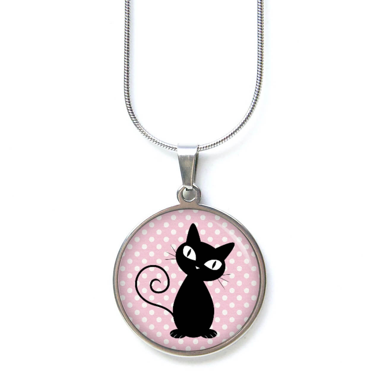 Edelstahl Kette schwarze Katze mit rosa Pünktchen Edelstahl Kette schwarze Katze mit rosa Pünktchen