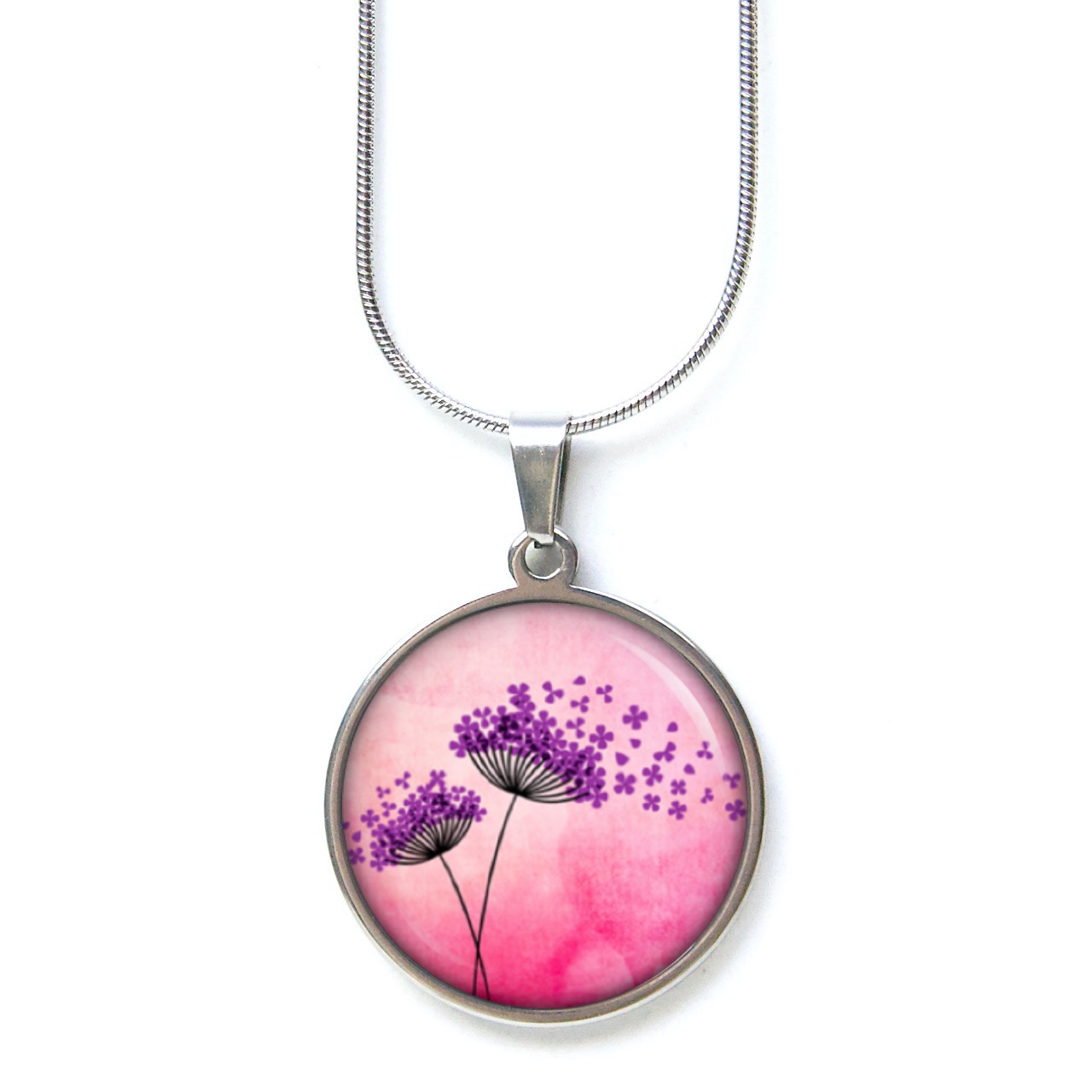 Edelstahl Kette zwei zauberhafte Pusteblumen in violett und rosa Edelstahl Kette zwei zauberhafte Pusteblumen in violett und rosa