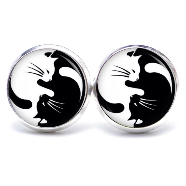 Ohrstecker, Ohrhänger, Clipse & Druckknopf – Motiv Yin Yang Katze schwarz und weiß – Schmuck aus Edelstahl Ohrstecker, Ohrhänger, Clipse & Druckknopf – Motiv Yin Yang Katze schwarz und weiß – Schmuck aus Edelstahl
