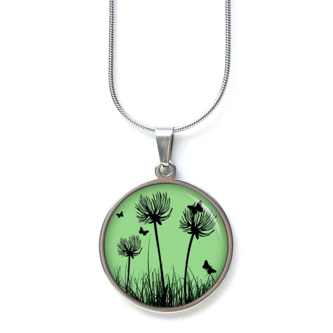 Ohrstecker, Ohrhänger, Clipse & Druckknopf – Motiv Pusteblume grün – Schmuck aus Edelstahl Edelstahl Kette schwarz grüne Pusteblumen Löwenzahn Wiese