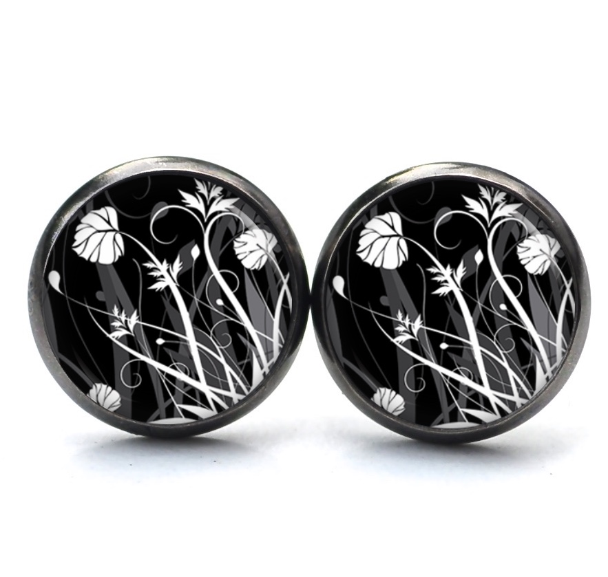 Ohrstecker, Ohrhänger, Clipse & Druckknopf – Motiv Wildblumenwiese Schwarz weiß – Schmuck aus Edelstahl Ohrstecker, Ohrhänger, Clipse & Druckknopf - Motiv Wildblumenwiese Schwarz weiß - Schmuck aus Edelstahl