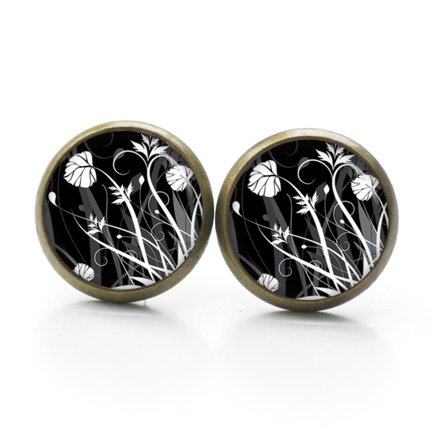 Ohrstecker, Ohrhänger, Clipse & Druckknopf – Motiv Wildblumenwiese Schwarz weiß – Schmuck aus Edelstahl Ohrstecker, Ohrhänger, Clipse & Druckknopf - Motiv Wildblumenwiese Schwarz weiß - Schmuck aus Edelstahl