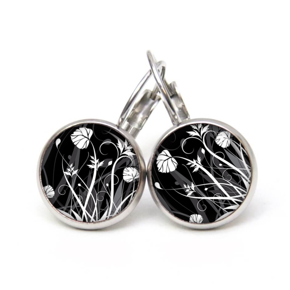 Ohrstecker, Ohrhänger, Clipse & Druckknopf – Motiv Wildblumenwiese Schwarz weiß – Schmuck aus Edelstahl Ohrstecker, Ohrhänger, Clipse & Druckknopf - Motiv Wildblumenwiese Schwarz weiß - Schmuck aus Edelstahl