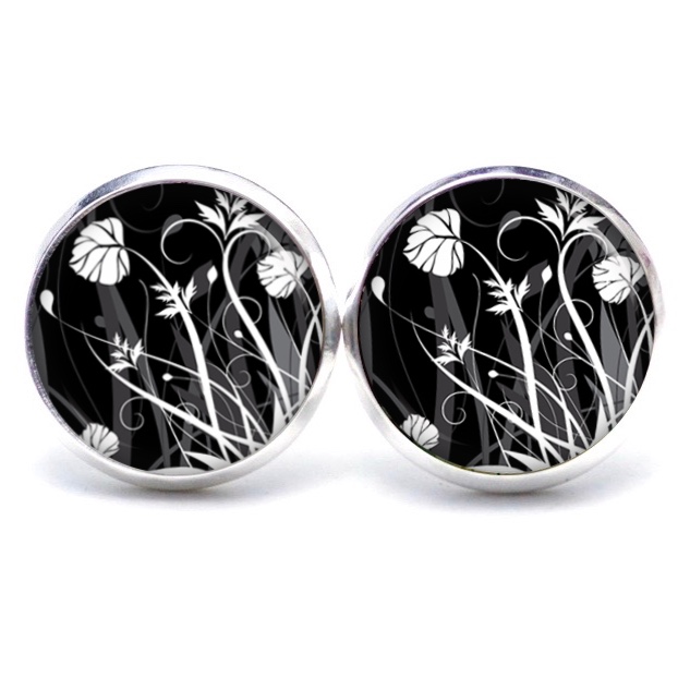 Ohrstecker, Ohrhänger, Clipse & Druckknopf – Motiv Wildblumenwiese Schwarz weiß – Schmuck aus Edelstahl Ohrstecker, Ohrhänger, Clipse & Druckknopf - Motiv Wildblumenwiese Schwarz weiß - Schmuck aus Edelstahl