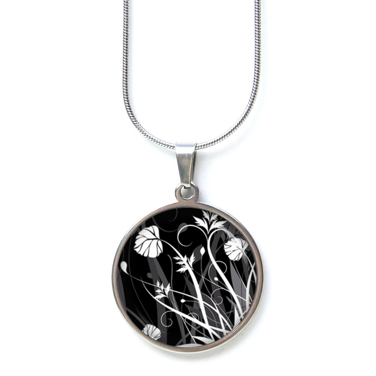 Edelstahl Kette mit Blumen Wiese schwarz weiße Edelstahl Kette mit Blumen Wiese schwarz weiße