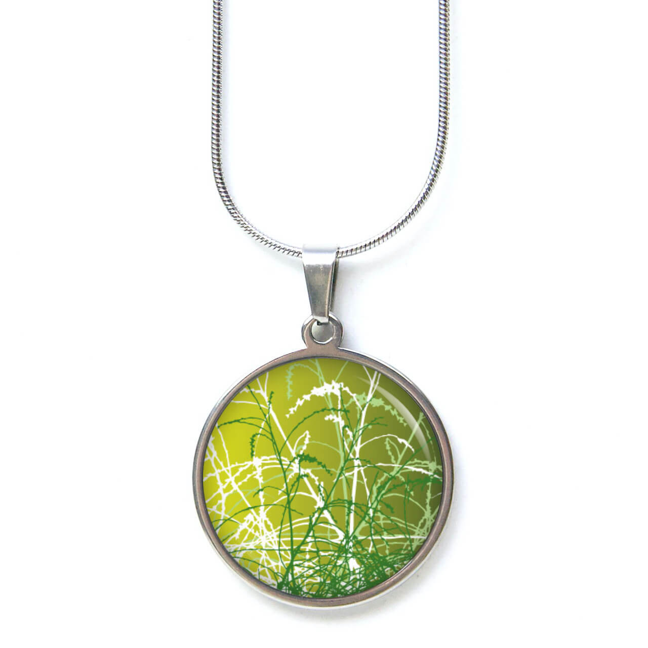 Edelstahl Kette mit wildem grün dunkelgrünem Wiesen Motiv Druckknopf Ohrstecker Ohrhänger wilde grüne Wiese