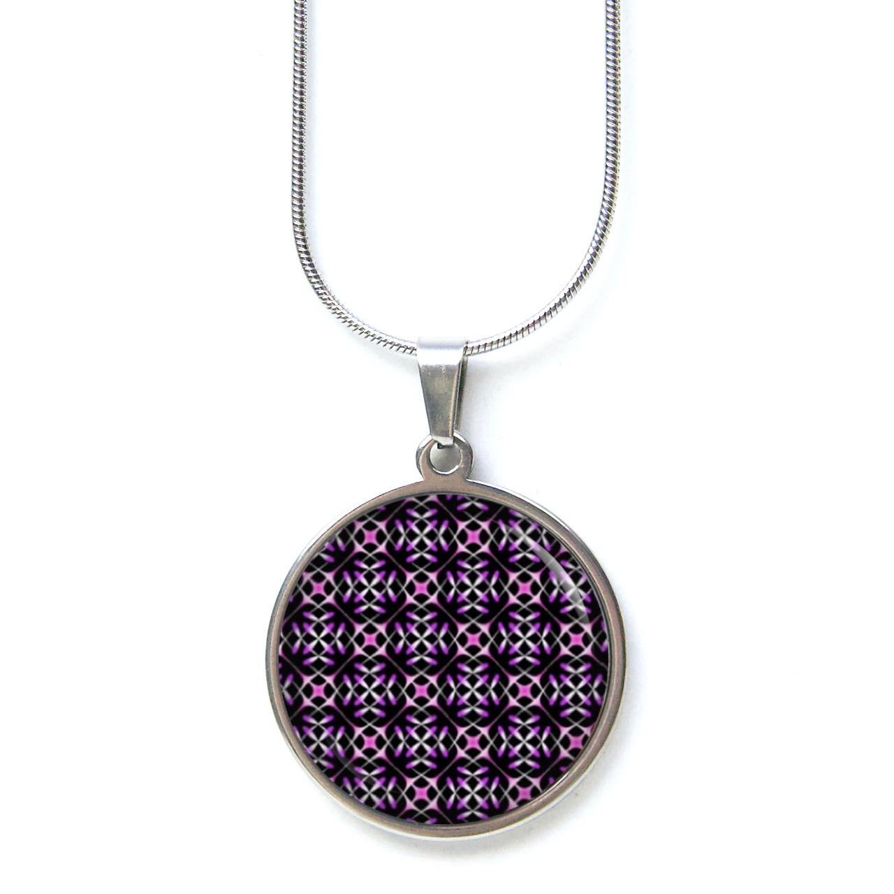 Edelstahl Kette mit 70er Jahre Muster Mandala rosa violett Edelstahl Kette mit 70er Jahre Muster Mandala rosa violett