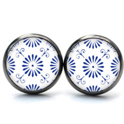 Druckknopf Ohrstecker Ohrhänger Muster Mandala Mosaik in blau weiß Edelstahl Kette Muster Mandala Mosaik in blau weiß