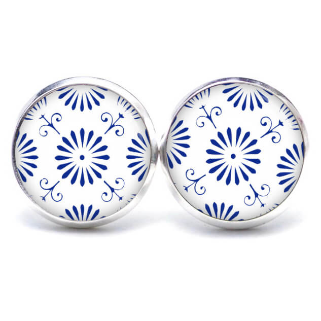 Druckknopf Ohrstecker Ohrhänger Muster Mandala Mosaik in blau weiß Edelstahl Kette Muster Mandala Mosaik in blau weiß
