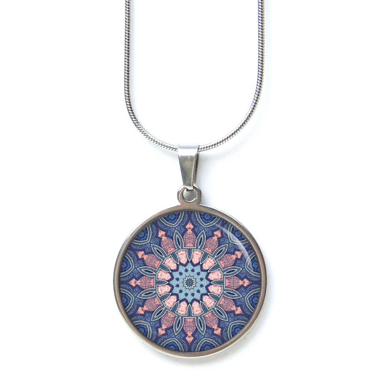 Edelstahl Kette Muster Mandala Mosaik in blau und rosa Edelstahl Kette Muster Mandala Mosaik in blau und rosa